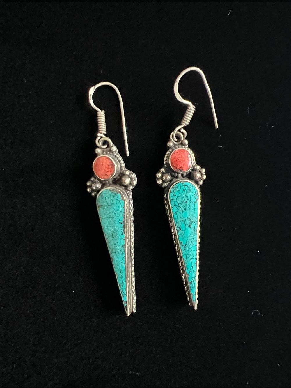 🌺 Turquoise and Coral Teardrop Dangle Earrings - 925 Silver Women's Jewelry